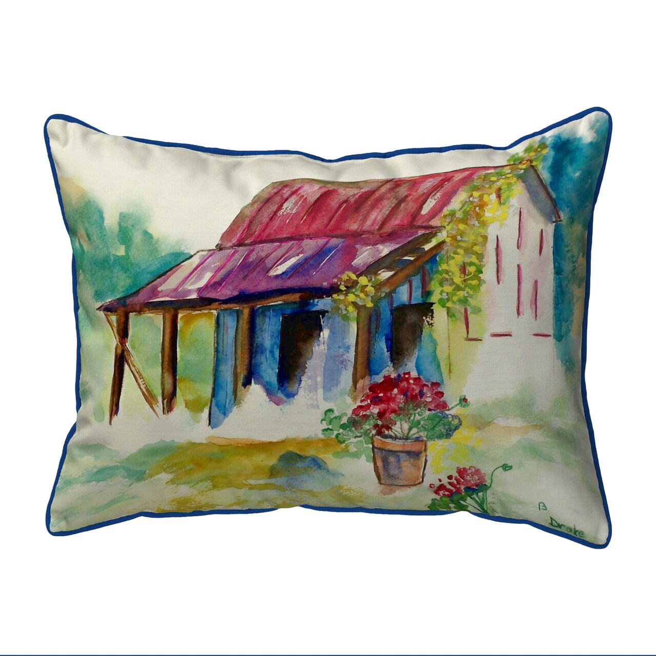 Betsy Drake Barn and Geranium Extra Large 20 X 24 Indoor / Outdoor Pillow